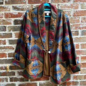 Vintage Jones New York Sport Aztec Western Print Open Front Coat Brushed Denim